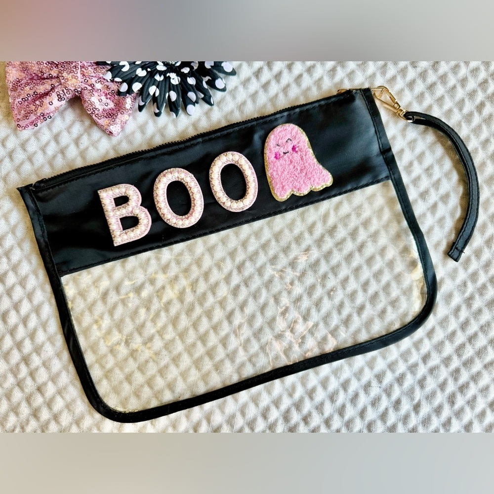 New Halloween Boo Pink Ghost Black & Clear Zippered Makeup Wristlet Bag - 11.5”